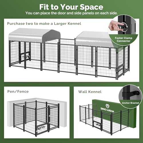 SINO LUBAN Outdoor Dog Kennel Outside Run with Doggy Door, Swivel Feeder&Roof - 8x4x6 Large Dog Kennels Pens Outside for Large Dogs Breed-Heavy Duty Cage Enclosure Yard (Can Connect to Your Dog House)