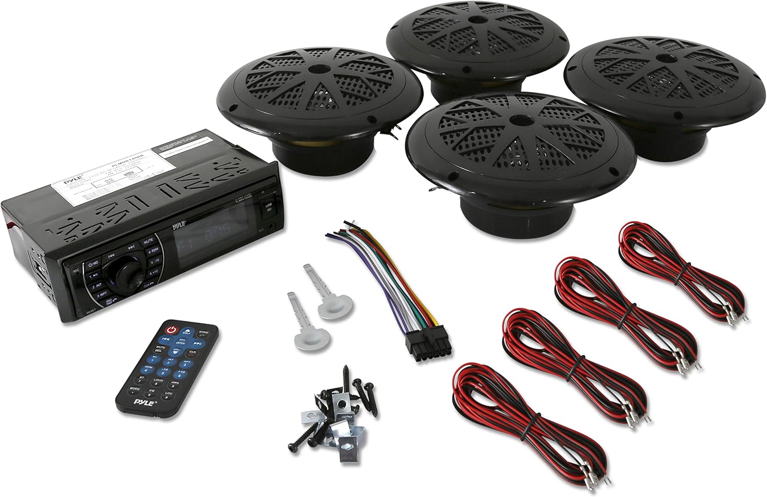 Marine Head Unit Receiver Speaker Kit - In-Dash LCD Digital Stereo Built-in Bluetooth & Microphone w/ AM FM Radio System 6.5’’ Waterproof Speakers (4) MP3/SD Readers & Remote Control - Pyle PLMRKT48BK
