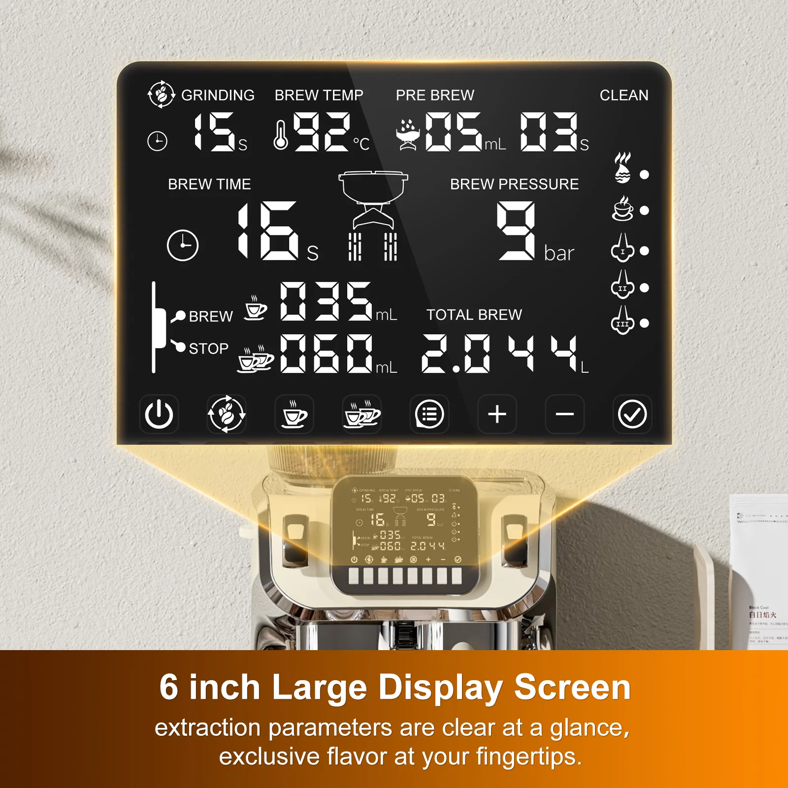Mcilpoog Espresso Machine with Milk Frother，Semi Automatic Coffee Machine with Grinder,Easy To Use Espresso Coffee Maker with 6 inch Large Screen,15 Bar Pressure Pump,PID Temperature Control.（TC520）