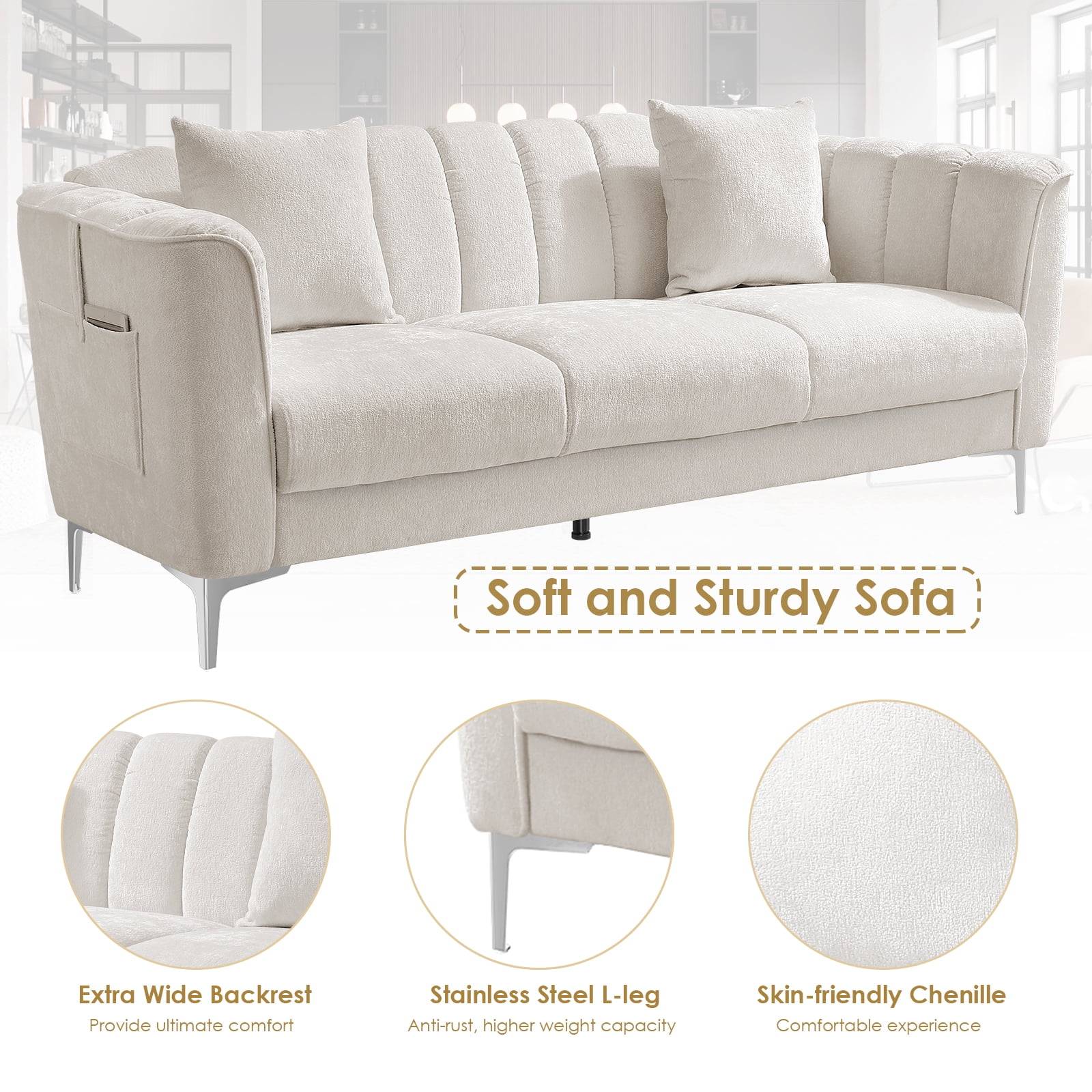 Homfa White Sofa and Couch, 77.2" Modern Chenille Couch with Armrests, Wood Sofa with Pocket and Stainless Steel Legs