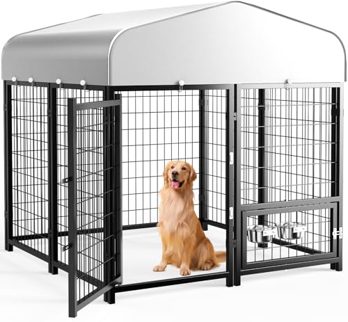 SINO LUBAN Outdoor Dog Kennel Outside Run with Doggy Door, Swivel Feeder&Roof - 8x4x6 Large Dog Kennels Pens Outside for Large Dogs Breed-Heavy Duty Cage Enclosure Yard (Can Connect to Your Dog House)