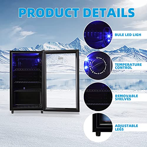 WANAI Mini Fridge Cooler Beverage Refrigerator Glass Door Beverage Cooler for Beers Wine Juicer Cooler Adjustable Shelves LED Lights for Home, Office or Bar