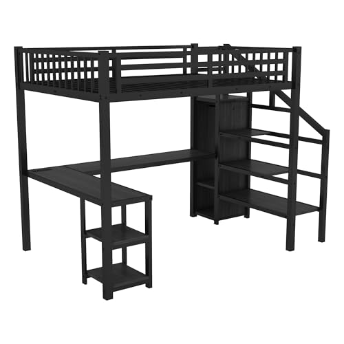 Full Size Loft Bed with Stairs and Storage, Metal Loft Bed Frame with Bedside Shelf and Large Under-Bed Space, Heavy-Duty Bed for Adults Teens and Kids, Black