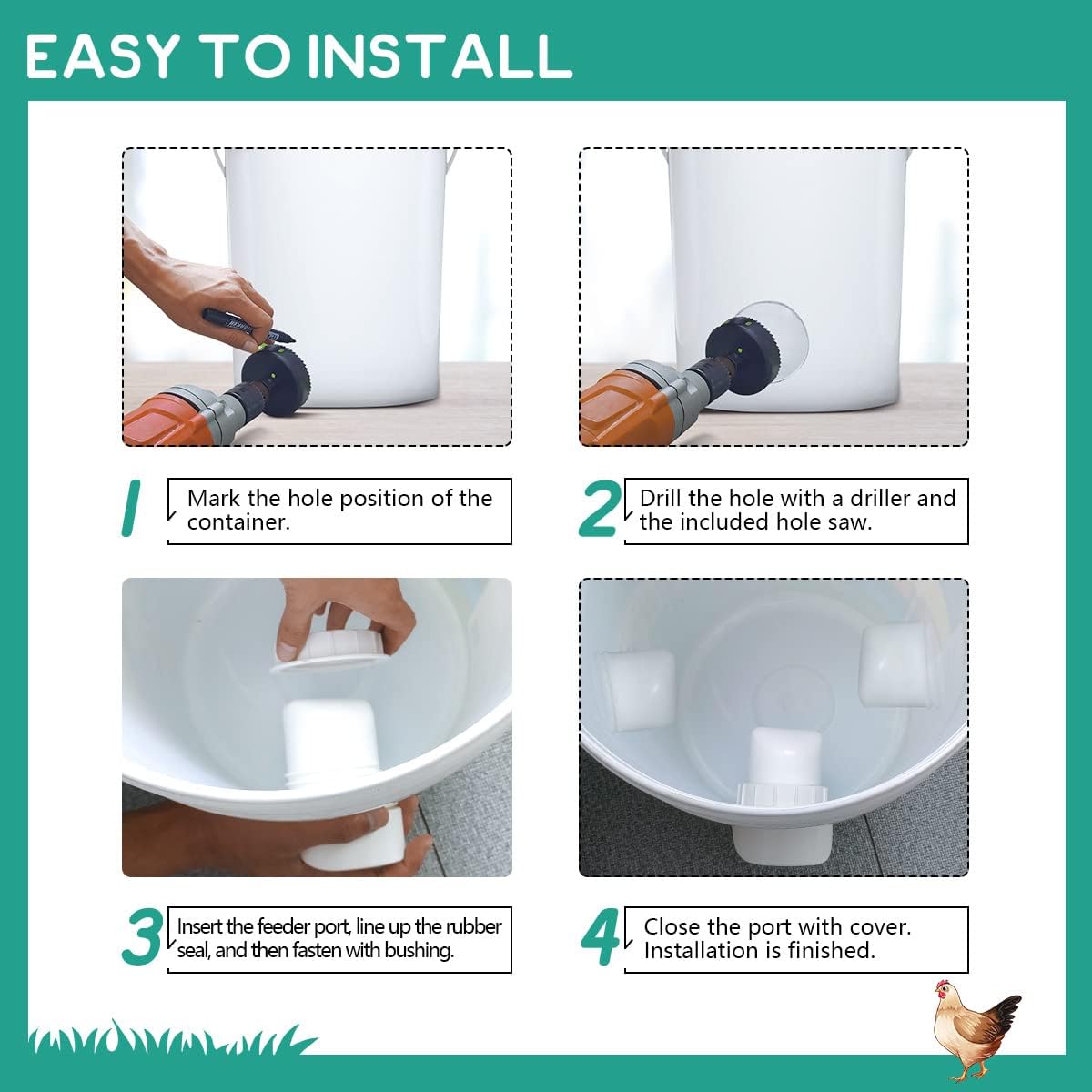 No Waste Chicken Feeder, Poultry Feeder DIY Port Gravity Automatic Fed Kit with Rat Stopper Caps, Rain Proof, Weather Resistant, for Buckets, Barrels, Bins, Troughs（8 Ports,1 Hole Saw）