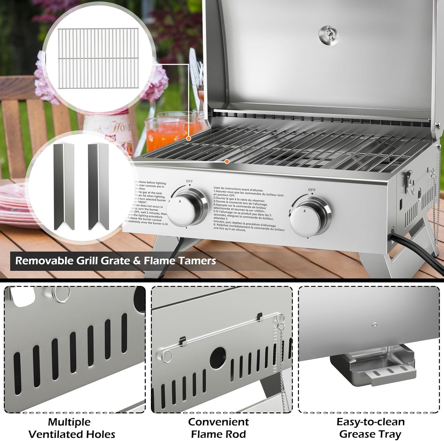 Giantex Portable Gas Grill - Tabletop Propane Grill with 2 Burners, 20,000 BTU total, Built-in Thermometer, Foldable Legs, Regulator Hose, Stainless Steel BBQ Grill for Outdoor Camping Barbecue