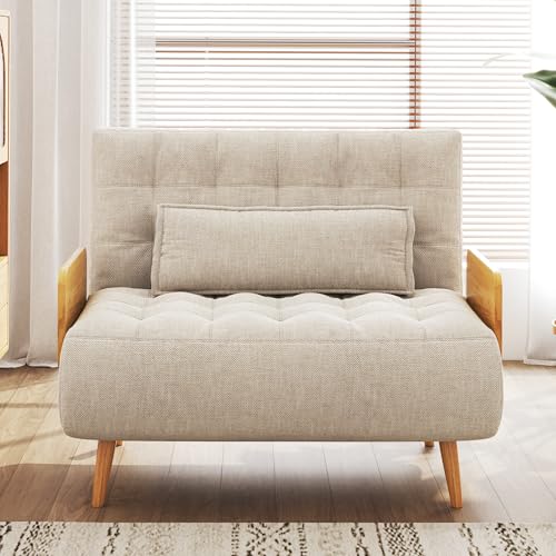 3-in-1 Convertible Chair Bed Sleeper for Adults, Linen Convertable Sleeper Chair with Wooden Arms & Pillows, Foldable Single Futon Sofa Bed (Mid Century with Walnut Arm, 36.6" Wide)