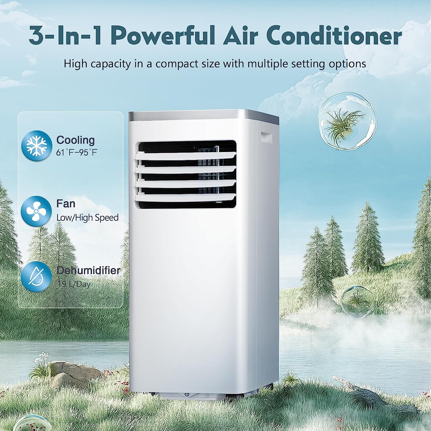 KISSAIR 5000 BTU (8,000 BTU ASHRAE) Portable Air Conditioner,3-in-1 Portable AC Unit for Room Up to 350 Sq.Ft 2 Fan Speeds/Remote Control/24Hrs Timer/Installation Kit for Home/Office-White&Silver