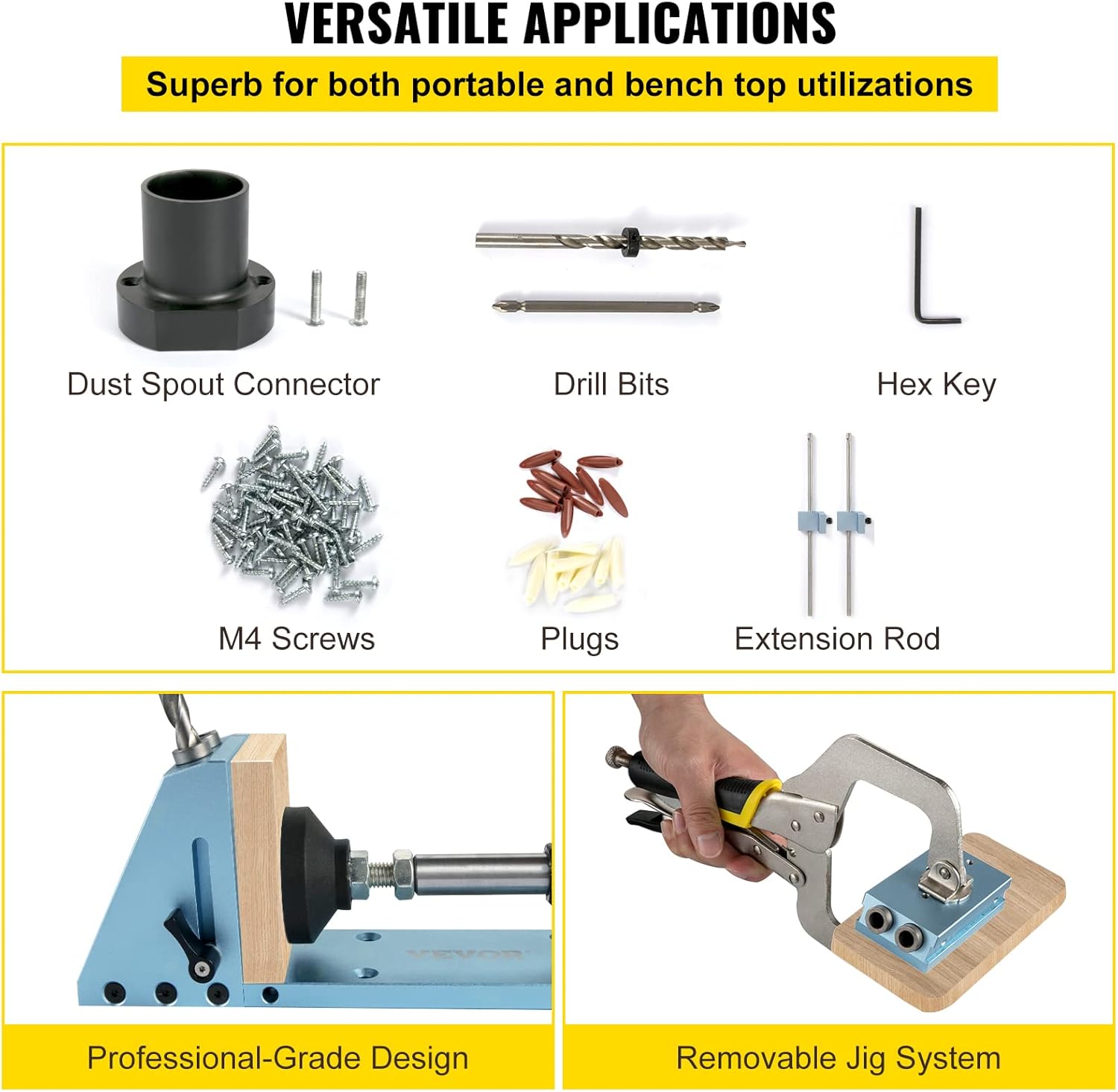 VEVOR Pocket Hole Jig Kit, Adjustable & Easy to Use Joinery Woodworking System, Aluminum Punch Locator, Wood Guides Joint Angle Tool w/Extension Rod Screws for DIY Carpentry Projects