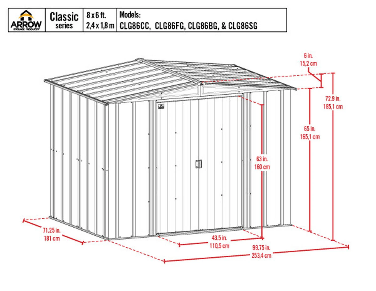 Arrow Classic Steel Storage Shed, 8 ft. x 6 ft., Blue Grey