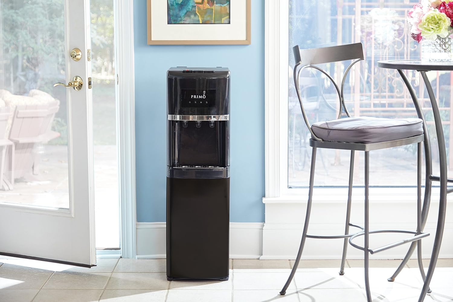 Primo Bottom Loading Self-Cleaning Water Dispenser, 3 Temp (Hot-Cool-Cold) Water Dispenser for 5 Gallon Bottle w/Child-Resistant Safety Feature, Black with Black Stainless Door