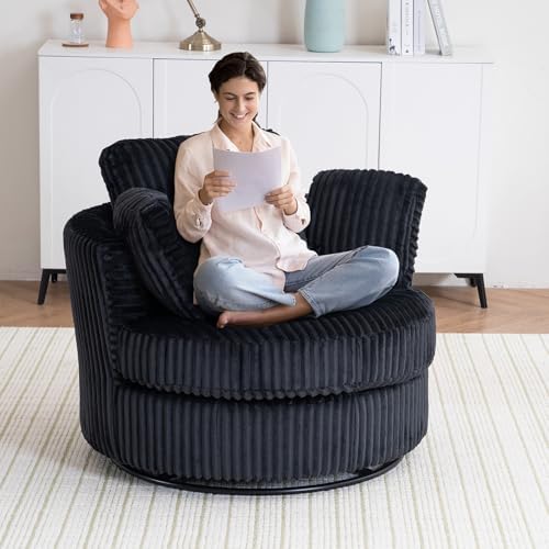 Chair and A Half with Ottoman, 360° Swivel Accent Barrel Chair Modern Comfy Round Reading Sofa Swivel Chairs Circle Lounge Chair for Bedroom Living Room w/4 Pillow Lower Seating Heigh (White, Large)