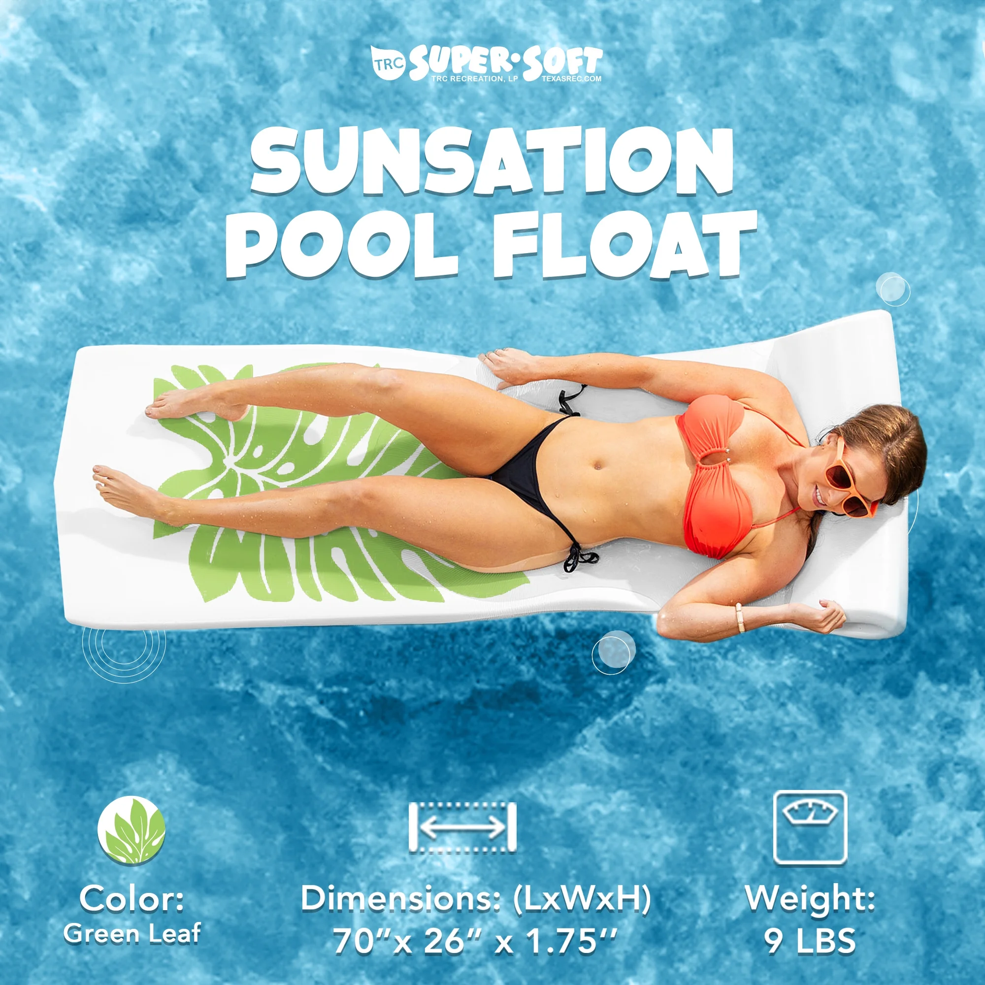 TRC Recreation Sunsation 1.75" Thick Foam Pool Lounge Float, Green Leaf