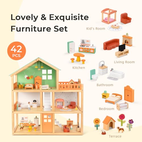 OOOK Large Wooden Dollhouse with 42 Pcs Luxurious Furniture Accessories, 3-Story Doll House 6 Rooms Balcony Wooden Stairs, Ideal Modern Dollhouse for Toddlers 3-5
