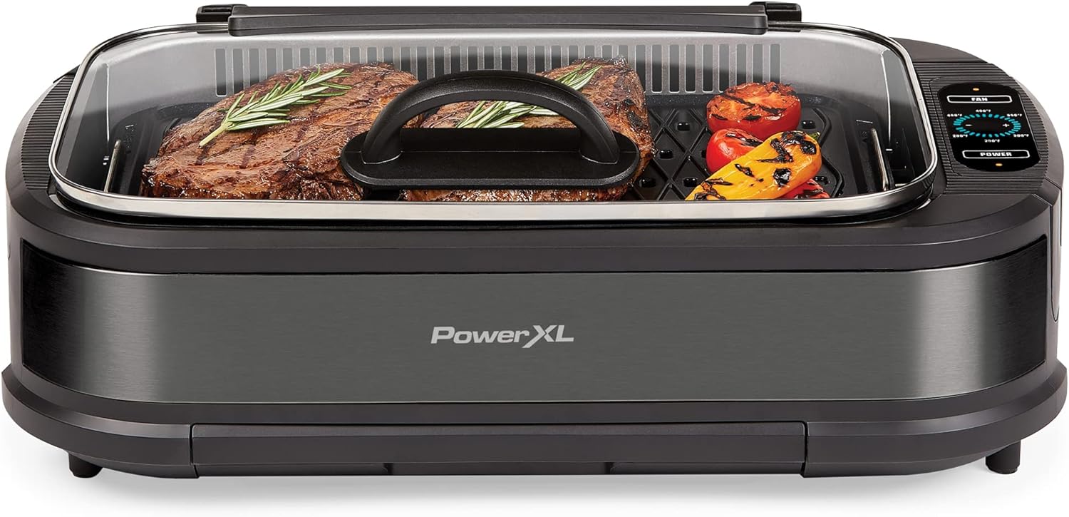 Power XL Smokeless Electric Indoor Removable Grill and Griddle Plates, Nonstick Cooking Surfaces, Glass Lid, 1500 Watt, 21X 15.4X 8.1, black