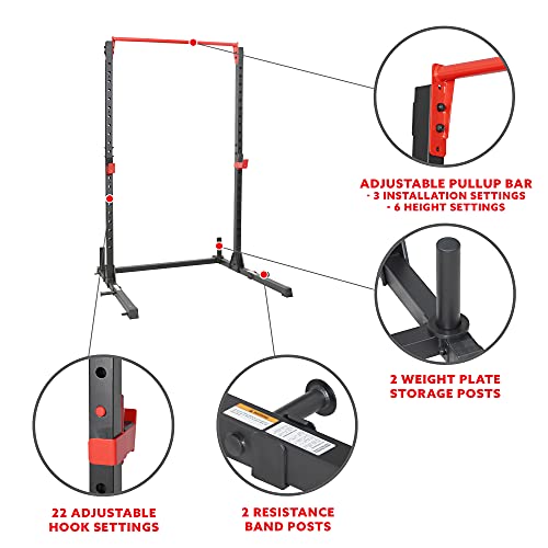 Sunny Health & Fitness Power Cage and Squat Rack In High Weight Capacity with J-Hooks, Adjustable Pull Up Bar, Weight Plate Holders, Resistance Band Posts