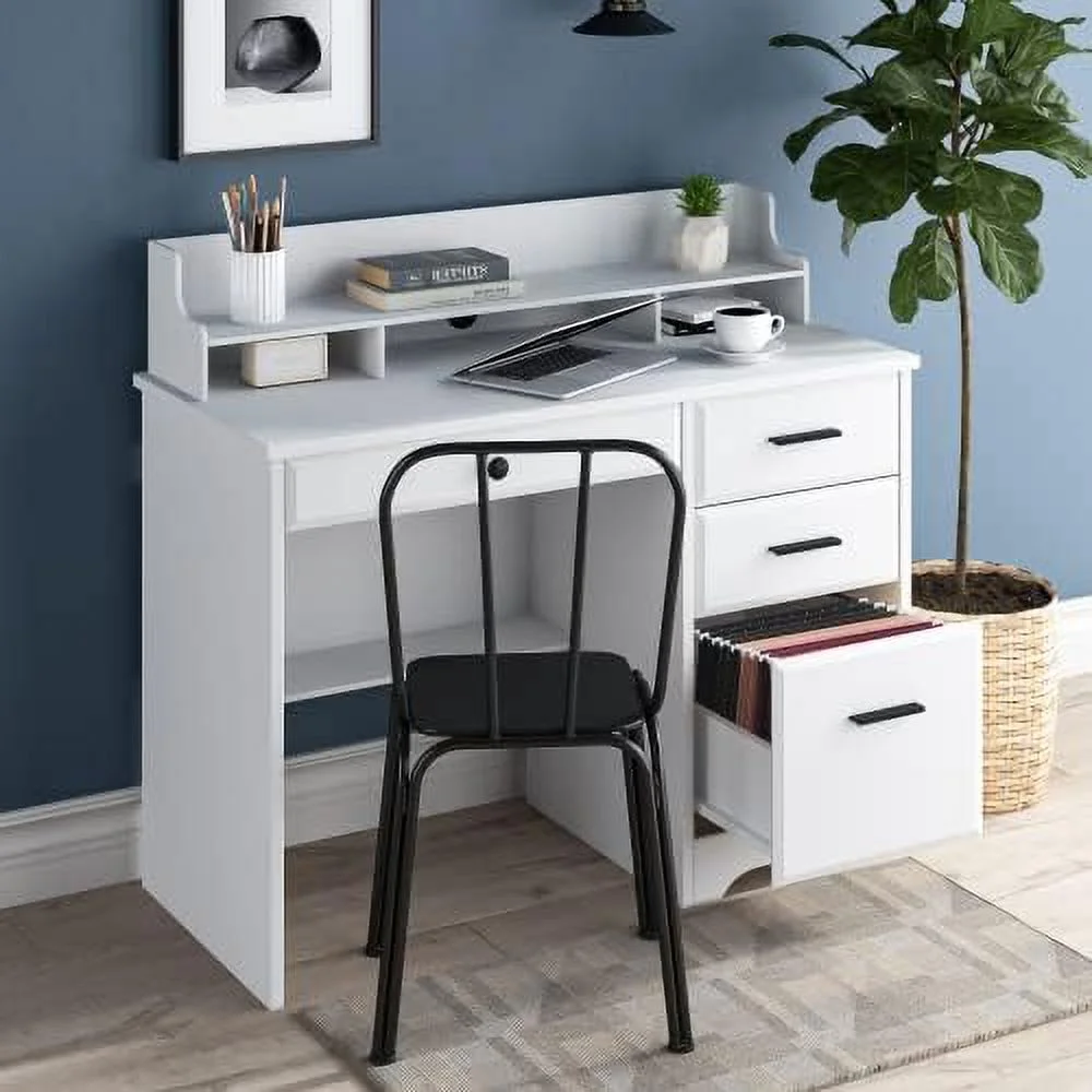 KHBIULIFE Computer Desk with Drawers and Hutch   Farmhouse Home Office Desk with  Drawers  PC Laptop Workstation Wood Computer Table Writing Study Desk Wooden Desk for Home Office Bedroom