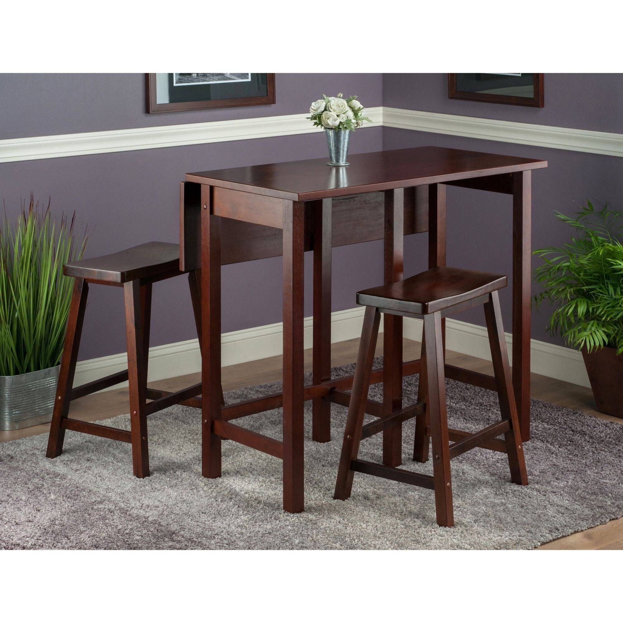 Set of 3 Lynnwood Antique Walnut Finish High Drop Leaf Table with Saddle Seat Stool 39.25”