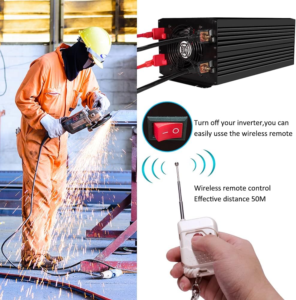 1000 Watt Pure Sine Wave Inverter 12v DC to 110/120v AC, Car Converter Inverter 4 AC&USB Output, Wireless Remote Control(170ft), Power Adapter for Home/Outdoor/RV/Emergency(1000W-12V)