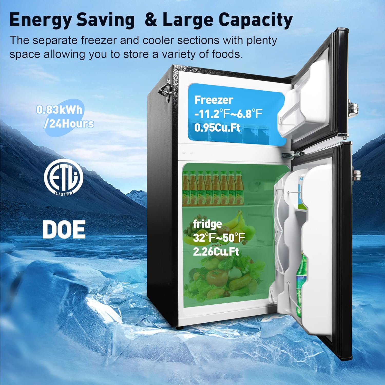 3.2 Cu.Ft Small Refrigerator with Freezer, 2 Door Black Mini Fridge, Energy Saving, Adjustable Thermostat Control, Adjustable Legs, Perfect for Apartment/Office/Dorm/Garage