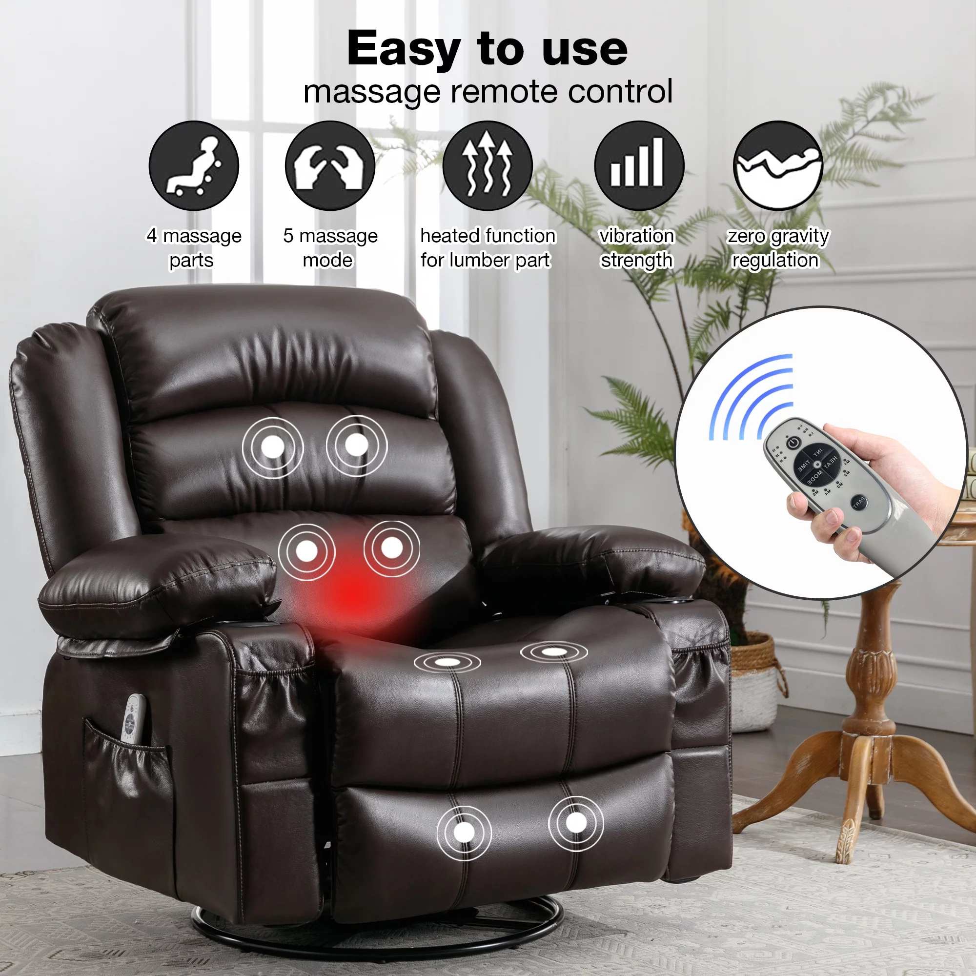Massage Swivel Rocker Recliner Chair with Vibration Massage and Heat Ergonomic Lounge Chair for Living Room with Rocking Function and Side Pocket 2 Cup Holders USB Charge Port, Brown