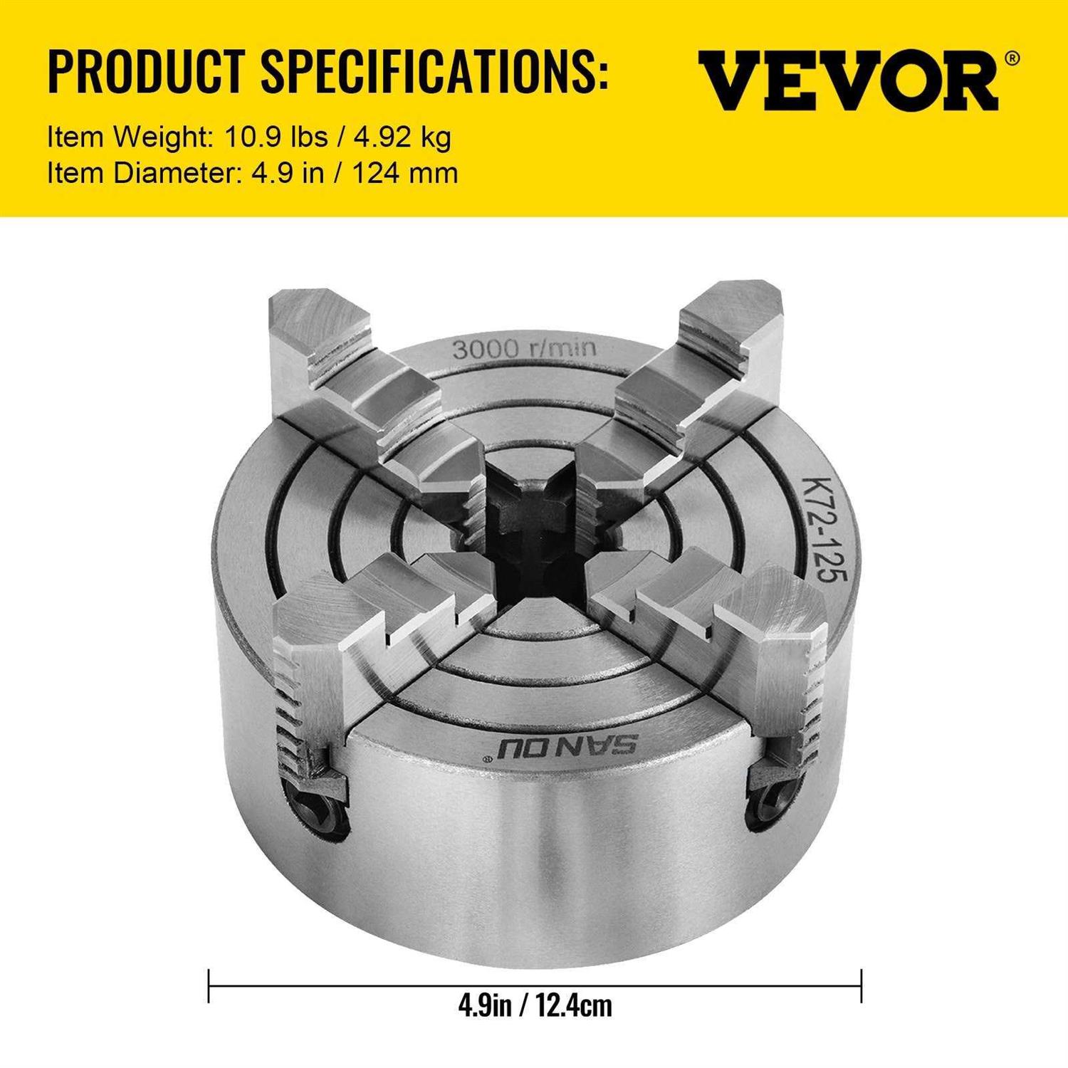 VEVOR K72-125 Lathe Chuck 5 inch 4-Jaw,Lathe Chuck Independent Reversible Jaw,Metal Lathe Chuck Turning Machine Accessories,for - Shop Hardware Tools Online Store