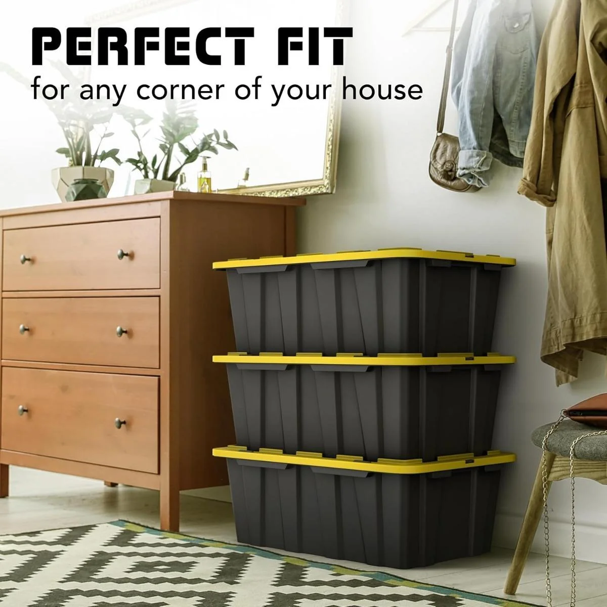 8 PACK of Medium 12 Gallon Plastic Storage Bin Tote Organizing Container with Ultra Durable Secure Latching Lids, Stackable, Extra Strength Clear with Built in Handle - Black and Yellow