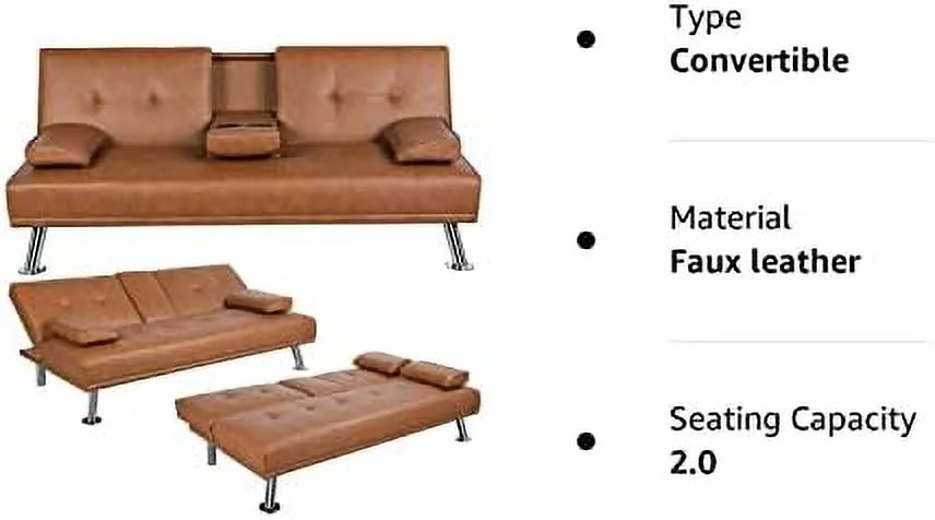 SJOPLMN Convertible Sofa Bed Adjustable Couch Sleeper Modern Faux Leather Home Recliner Reversible Loveseat Folding Daybed Guest Bed  Removable Armrests  Cup Holders  3 Angles  772lb Capa - Curated Treasures Market