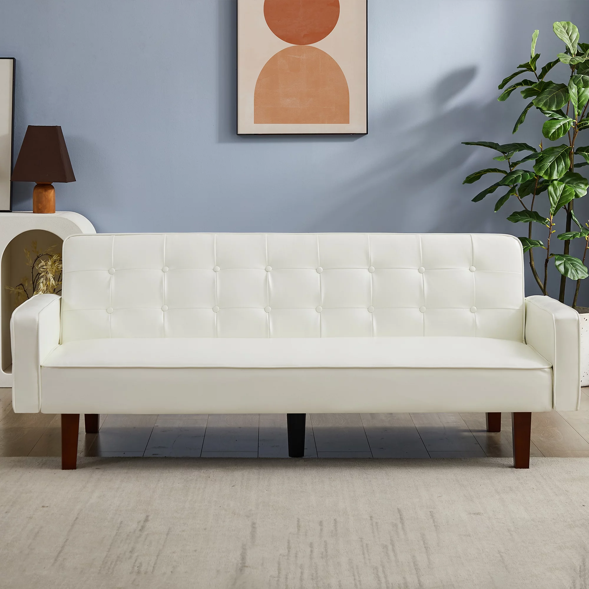 Lemacte White Faux Leather Futon Sofa Couch,Button Tufted Convertible Sleeper Sofa Bed for Small Spaces, Living Room, Bedroom