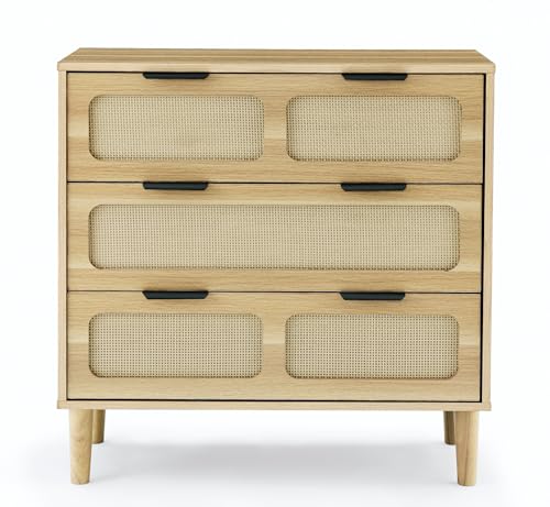 Garteder Modern Rattan Storage Cabinet with Wide Drawers and Metal Handles, Farmhouse Wooden Storage Chest of 3 Drawers for Dining Room, Living Room, Hallway, Entryway