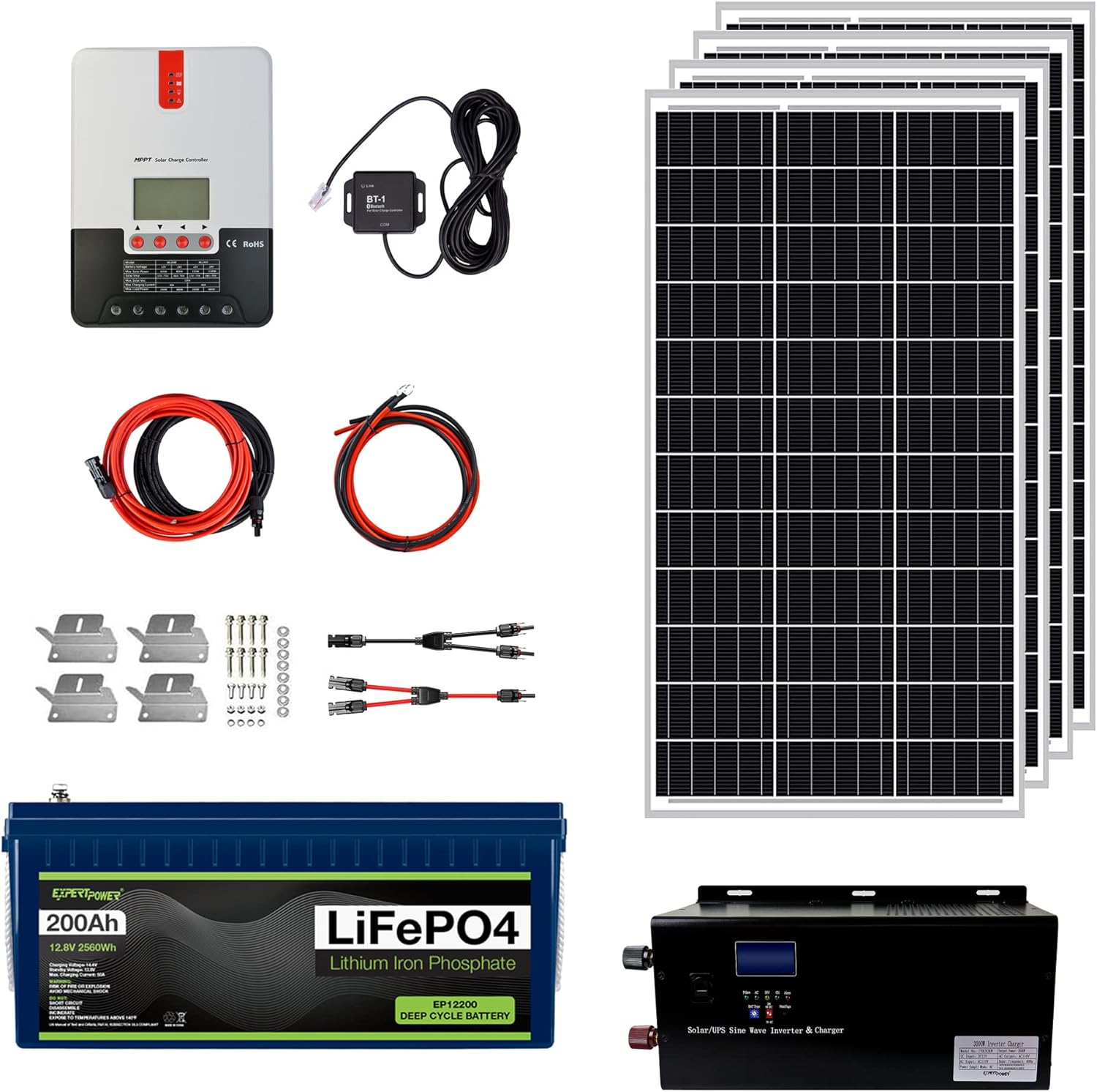 ExpertPower 2.5KWH 12V Solar Power Kit | LiFePO4 12V 100Ah, 400W Mono Solar Panels, 30A MPPT Solar Charge Controller, 2KW Pure Sine Wave Inverter Charger | RV, Trailer, Camper, Marine, Off Grid