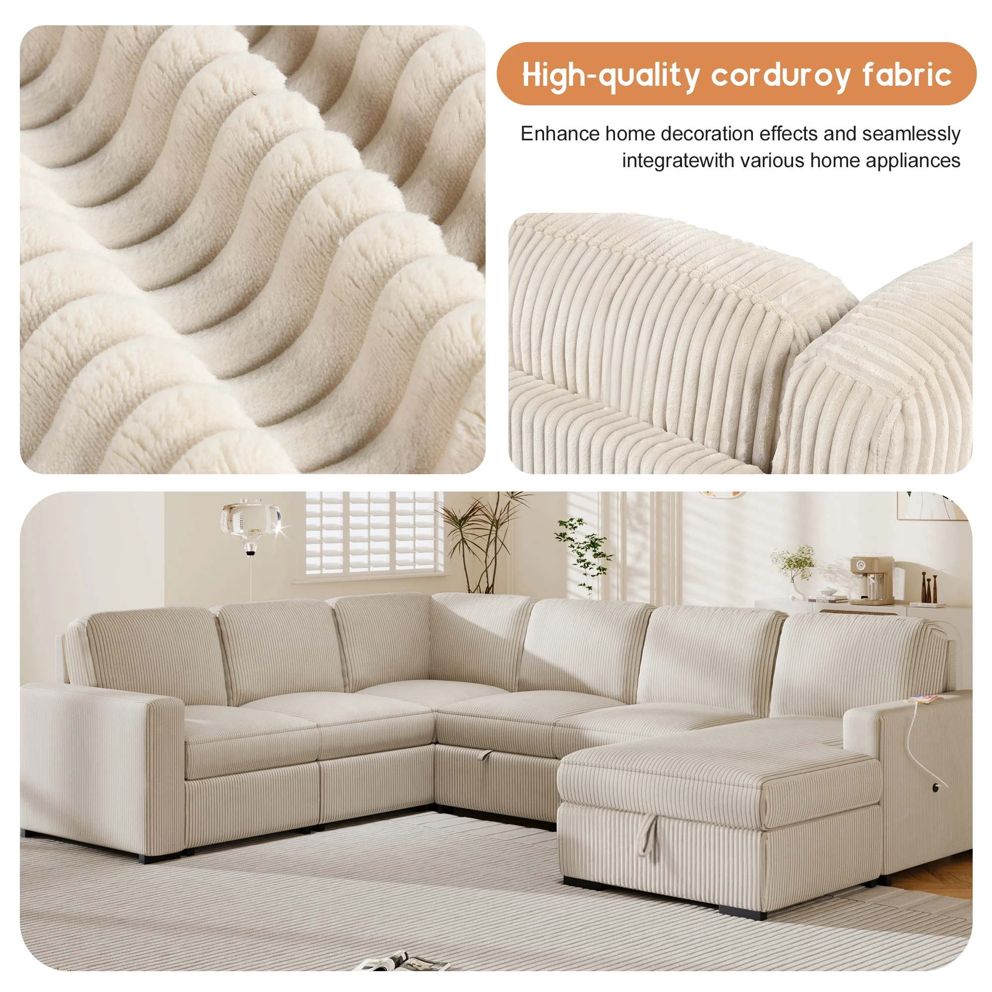 EUROCO 116.5"  Larger 7-Seater Modular Sectional Sofa and Couch, U-Shaped Couch Corduroy Pull Out Sofa Bed with Storage Chaise and USB interfaces for Living Rooms, Offices, and Spacious Spaces,Beige