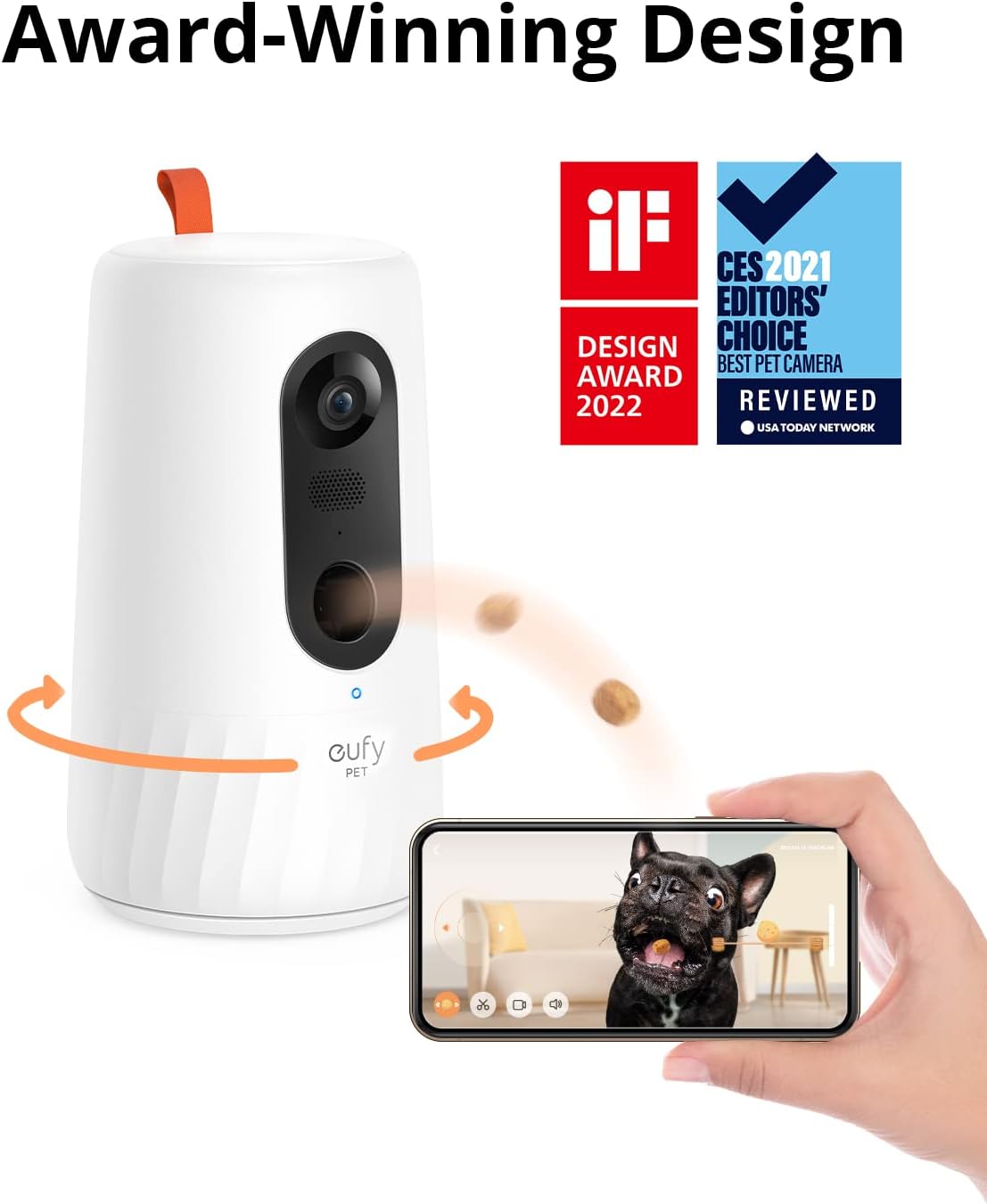 eufy Pet Dog Camera, Free Smart AI Tracking and Monitoring, 270-Degree Rotation, 1080p Pet Camera Tossing Treat Dispenser, Doggy Diary, Local Storage, 2-Way Audio, Phone App, No Monthly Fee