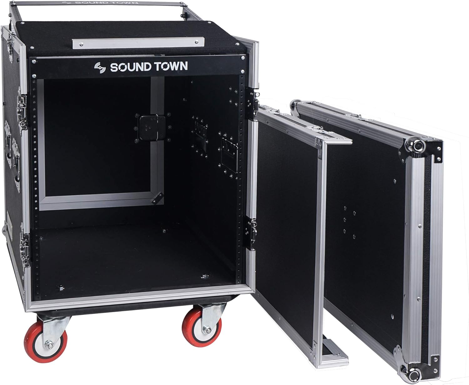 Sound Town 8U PA DJ Pro Audio Rack/Road ATA Case with 13U Slant Mixer Top, 23.5’’ Rackable Depth and Casters, 8 Space Size, Pro Tour Grade (STMR-8UW)