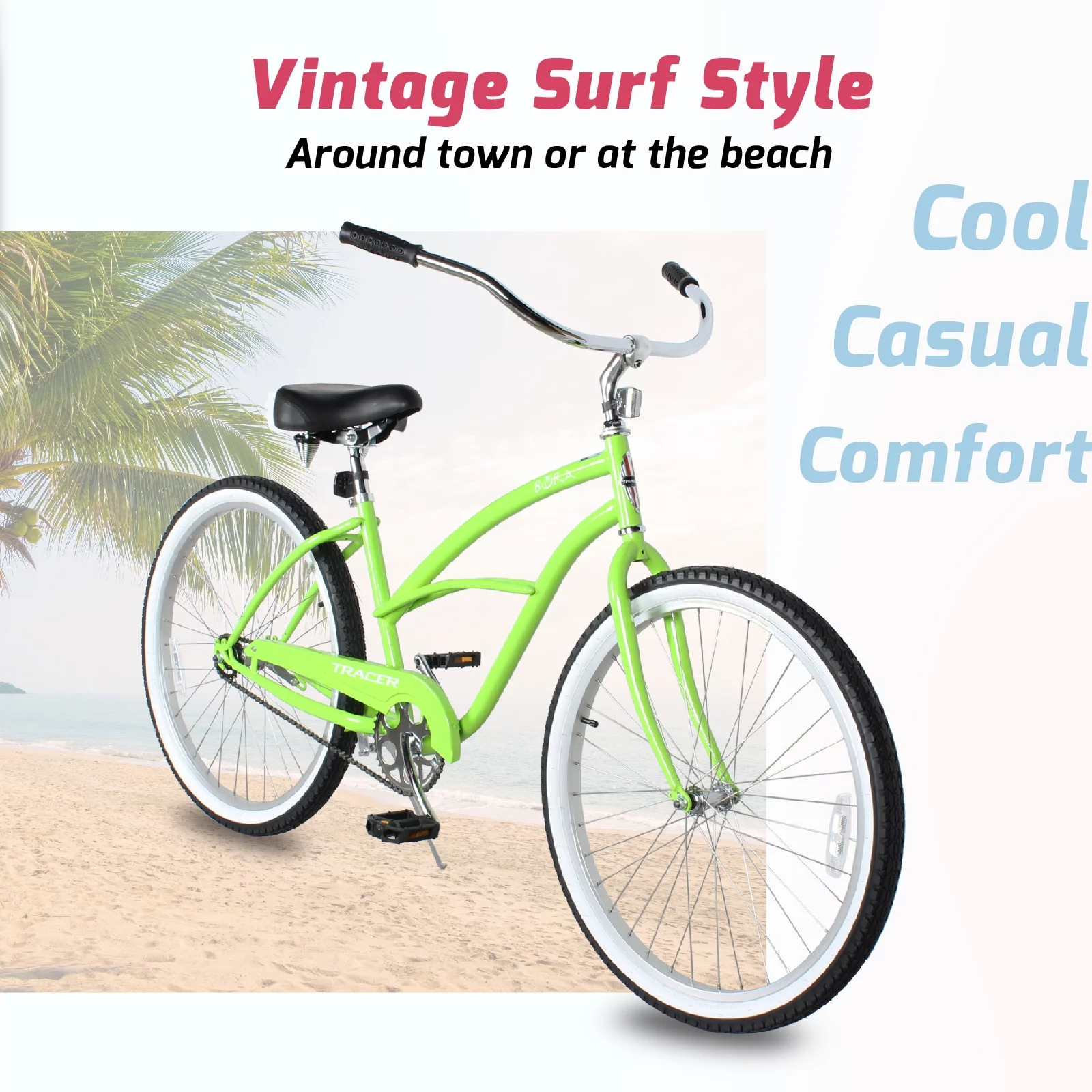 Tracer Lightweight Beach Cruiser Bike for Adult, 26 Inch Wheels, Featuring Steel Step Over or Step Through Hi Ten Steel Frame, Hybrid Bike, Coaster Brake, 1 Speed, Complete Cruiser, Mint Green, Female