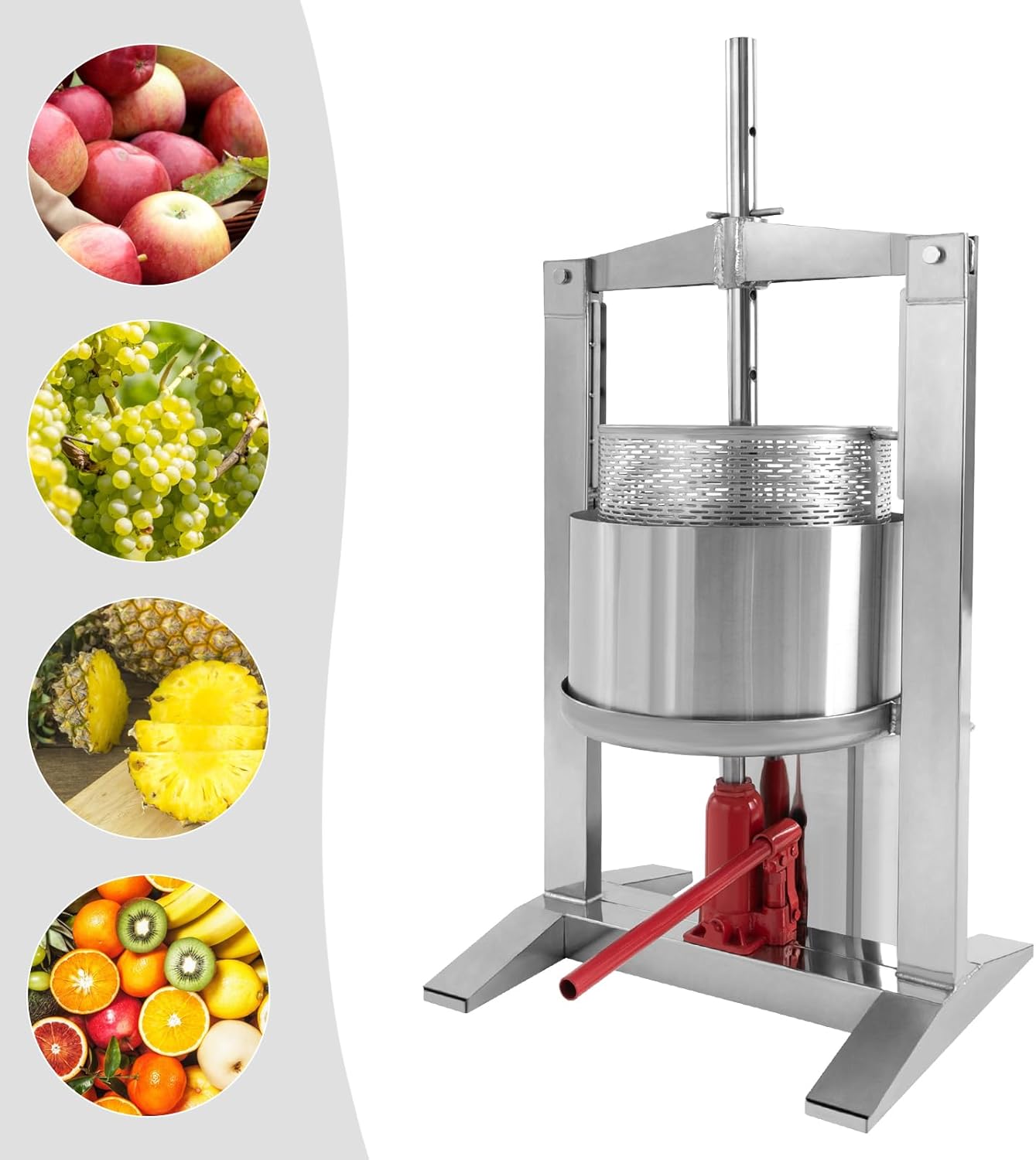 Fruit Wine Press, 5.28 Gal Manual Stainless Steel Juice Maker for Wine Making, Apple Cider Vegetables Berries Olive Oil Press with 3 Stainless Steel Barrels, 1 Hydraulic Jack, 1 Filter Bag