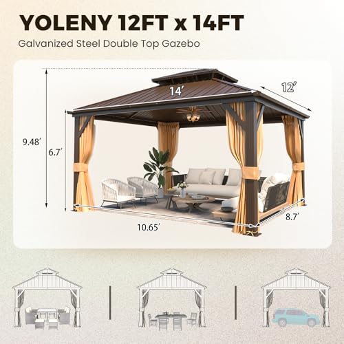 YOLENY 10' x 12' Hardtop Gazebo, Wood-Looking Gazebo with Galvanized Steel Double Roof, Aluminum Frame, Permanent Metal Pavilion with Netting and Curtains for Deck, Backyard, Patio and Lawns
