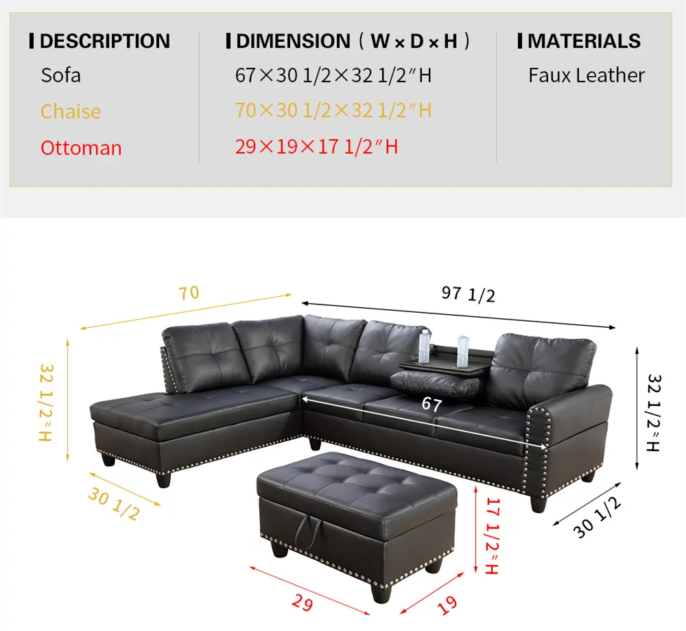 Ponliving Furniture Room Sectional Set, Leather Sectional Sofa in Home, with Storage Ottoman and Matching Pillows Left Hand Facing Black