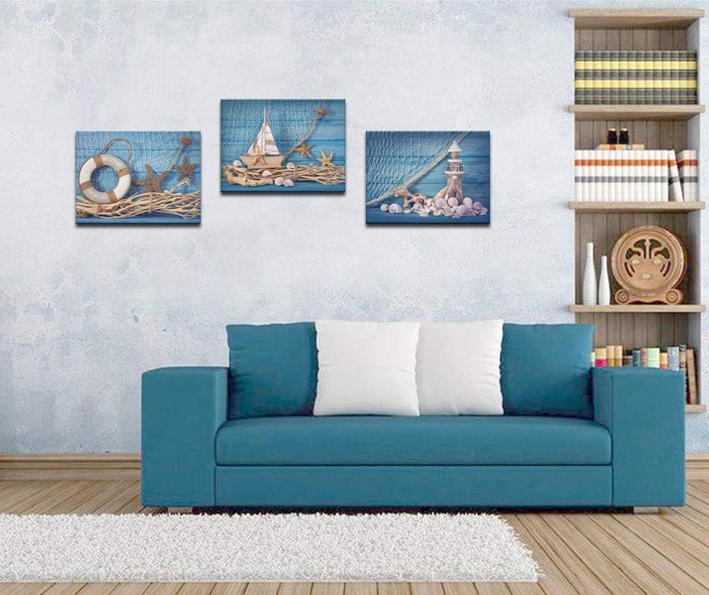 LevvArts 3 Piece Beach Canvas Wall Art Seashell Startfish with Blue Board Picture Prints Maritime Sailing Boat Lighthouse Poster Painting for Bathroom Gallery Canvas Wrapped Ready to Hang