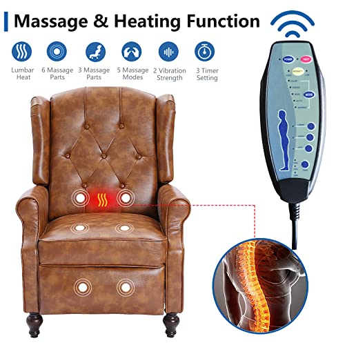 Wingback Recliner Chair with Massage and Heat, Tufted Fabric Pushback Recliner Chair, Wingback Chair with Remote Control, Padded Cushion, Wooden Legs, Small Recliners for Small Spaces
