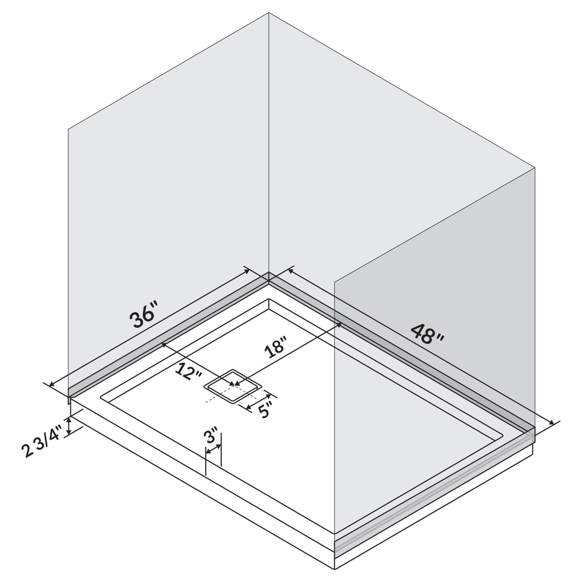 LessCare 48 x 36 Left Double Threshold Shower Pan Base Wall Corner Left Drain
