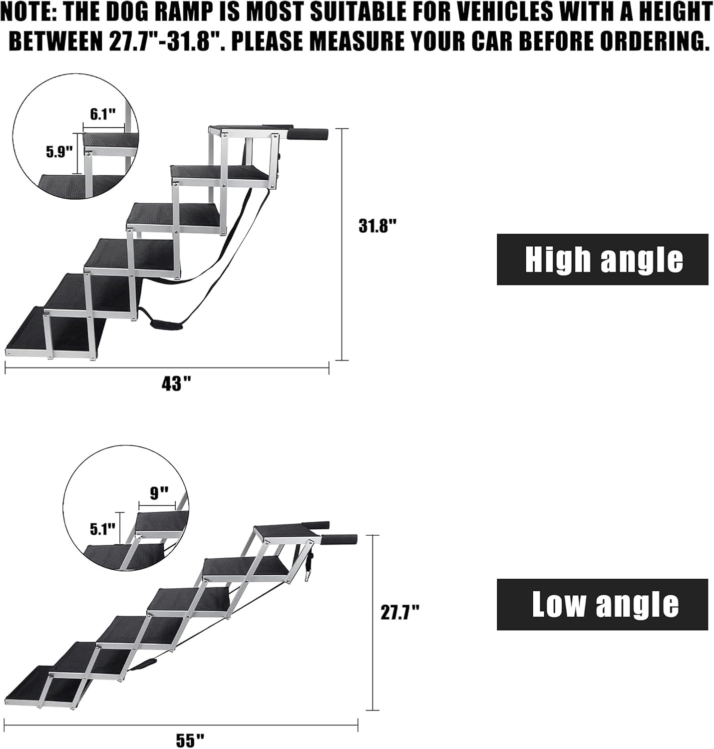 maxpama Folding Dog Car Ramp with Portable Aluminum Fram for Large Dog, Foldable Pet Step Stairs with Nonslip Surface for High Beds, Trucks, Cars and SUV, Lightweight Pet Ladder Support 150-200 Lbs