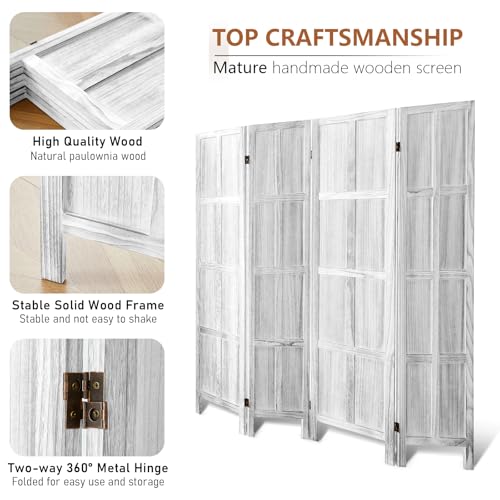 Wood Room Divider 4 Panel, 5.6 FT Tall Room Divider and Folding Privacy Screen, Partition Divider for Room Separation, Wooden Wall Divider Screen for Home Office Bedroom (Retro White)