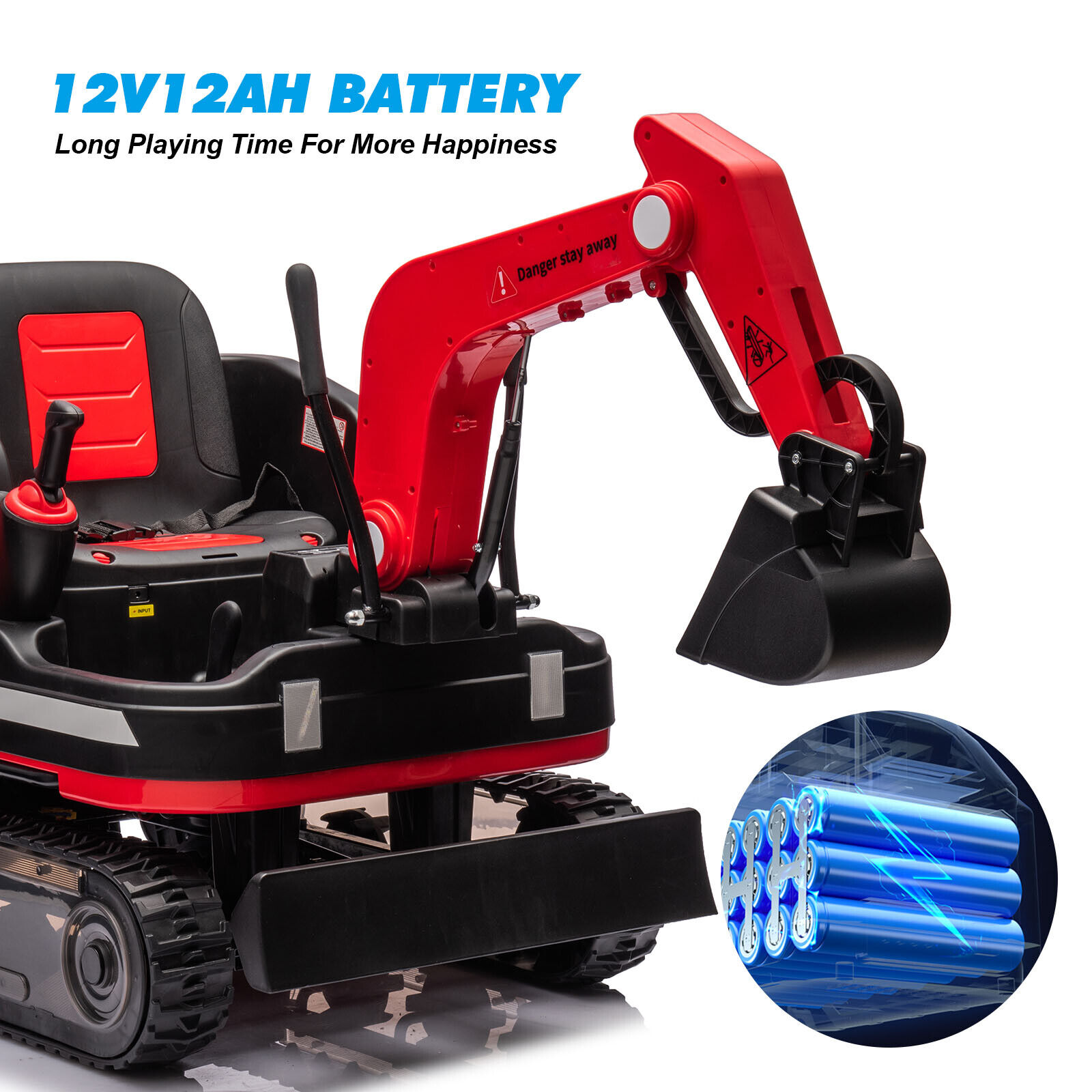 JOYLDIAS Kids 12V Electric 360 Degree Rotating Ride On Excavator and Bulldozer with Track Design Wheels, Remote Control, MP3, Toolbox (Red) - Curated Treasures Market