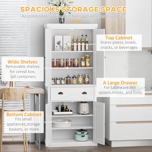HOMCOM 72" Kitchen Pantry Storage Cabinet, Traditional Freestanding Cupboard with 4 Doors and 3 Adjustable Shelves, Large Central Drawer, X-Frame, White