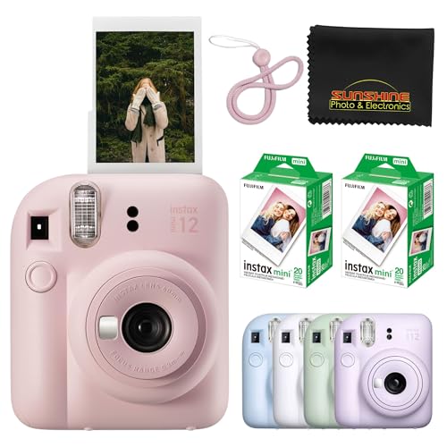 Fujifilm Instax Mini 12 Instant Camera Pastel Blue with 40 Sheets Fujifilm Instax Mini Film Bundle, Sunshine Photo Microfiber Cleaning Cloth Included