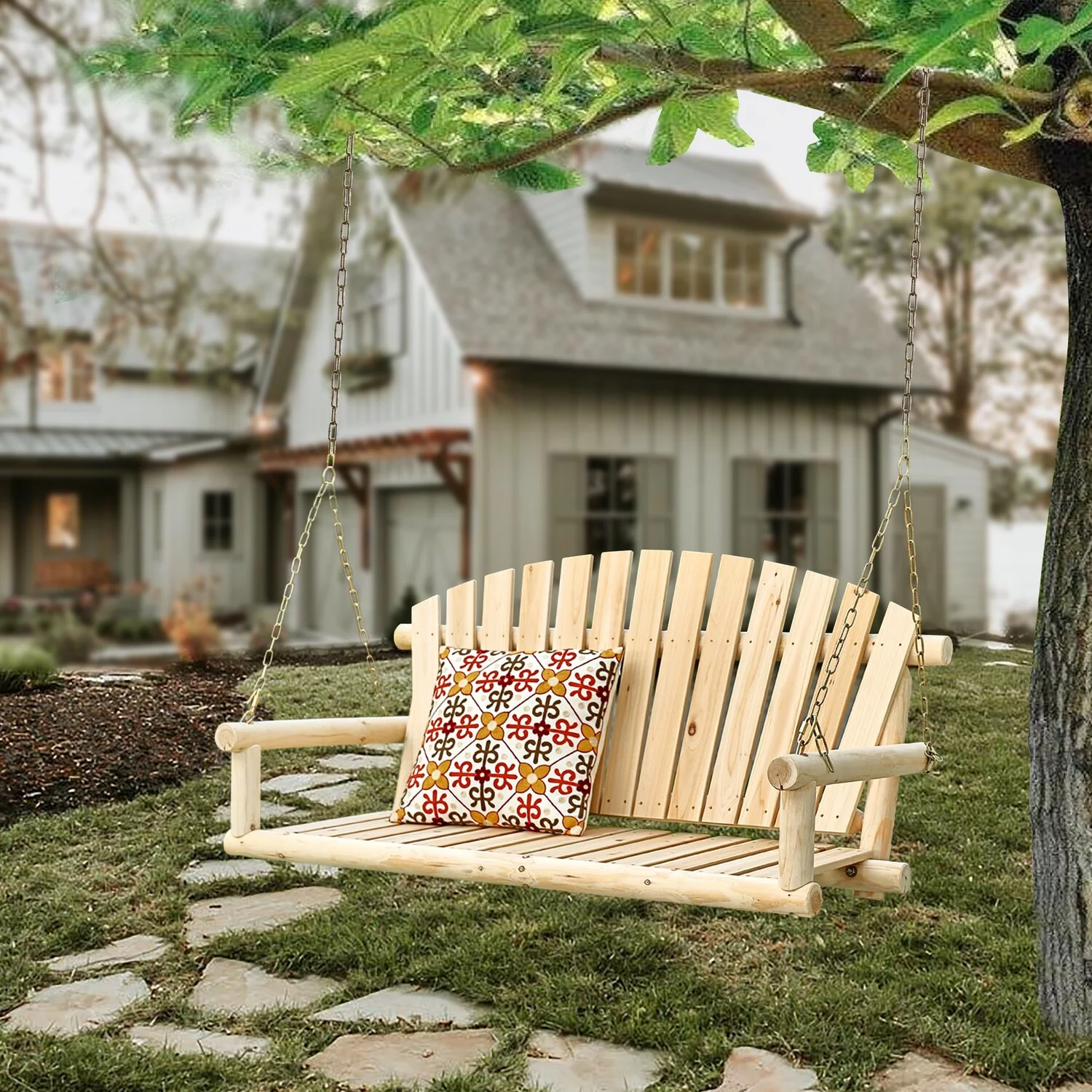 LuxenHome Natural Unfinished Wood Log Cabin Porch Swing with Chains