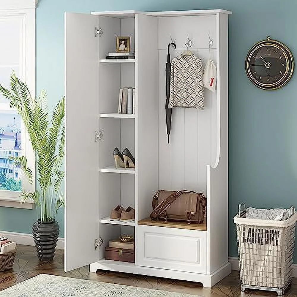 RUNFAYBIU Wooden Hall Tree with Flip-Up Bench  Coat Rack with Adjustable Shelves  Mudroom Coat  with Hanging Hooks for Entryways  White