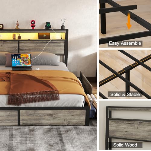 SADENICEL Queen Bed Frame with Storage Headboard and 4 Drawers, Metal Platform Bed Frame with LED Light, Charging Station, No Box Spring Needed, Noise Free, Easy Assembly, Vintage Brown