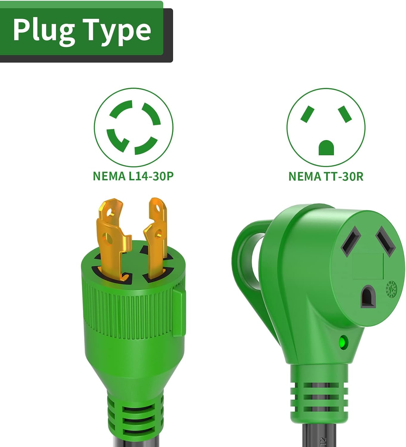 RVGUARD 4 Prong 30 Amp to 30 Amp RV Generator Adapter Cord 12 Inch, STW 10/3, L14-30P Locking Male Plug to TT-30R Female with LED Power Indicator, Green