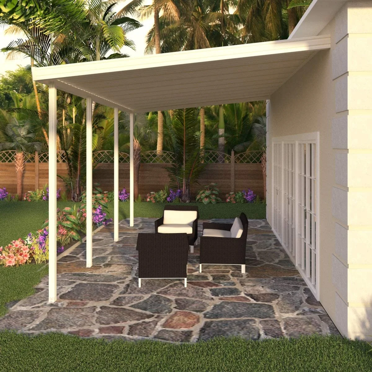 Four Seasons OLS TWV Series 20 ft wide x 14 ft deep Aluminum Patio Cover with 10lb Snowload & 4 Posts in Ivory